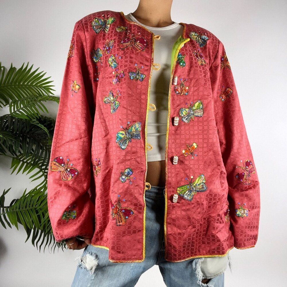 Vintage 90s Indigo Moon Pink Embroidered Butterfly Bohemian Oversized Jacket / L